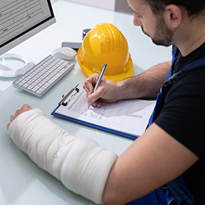 Worker with arm cast and hard hat filing a Michigan workers' compensation claim with Vincent Carlson
