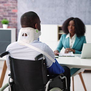 Injured man in wheelchair consulting a lawyer about Social Security Disability benefits.