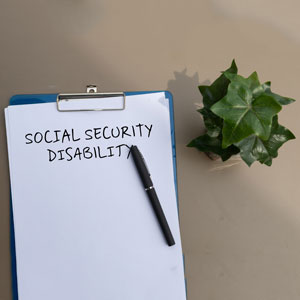 Clipboard with Social Security Disability form and pen placed on desk beside small green plant